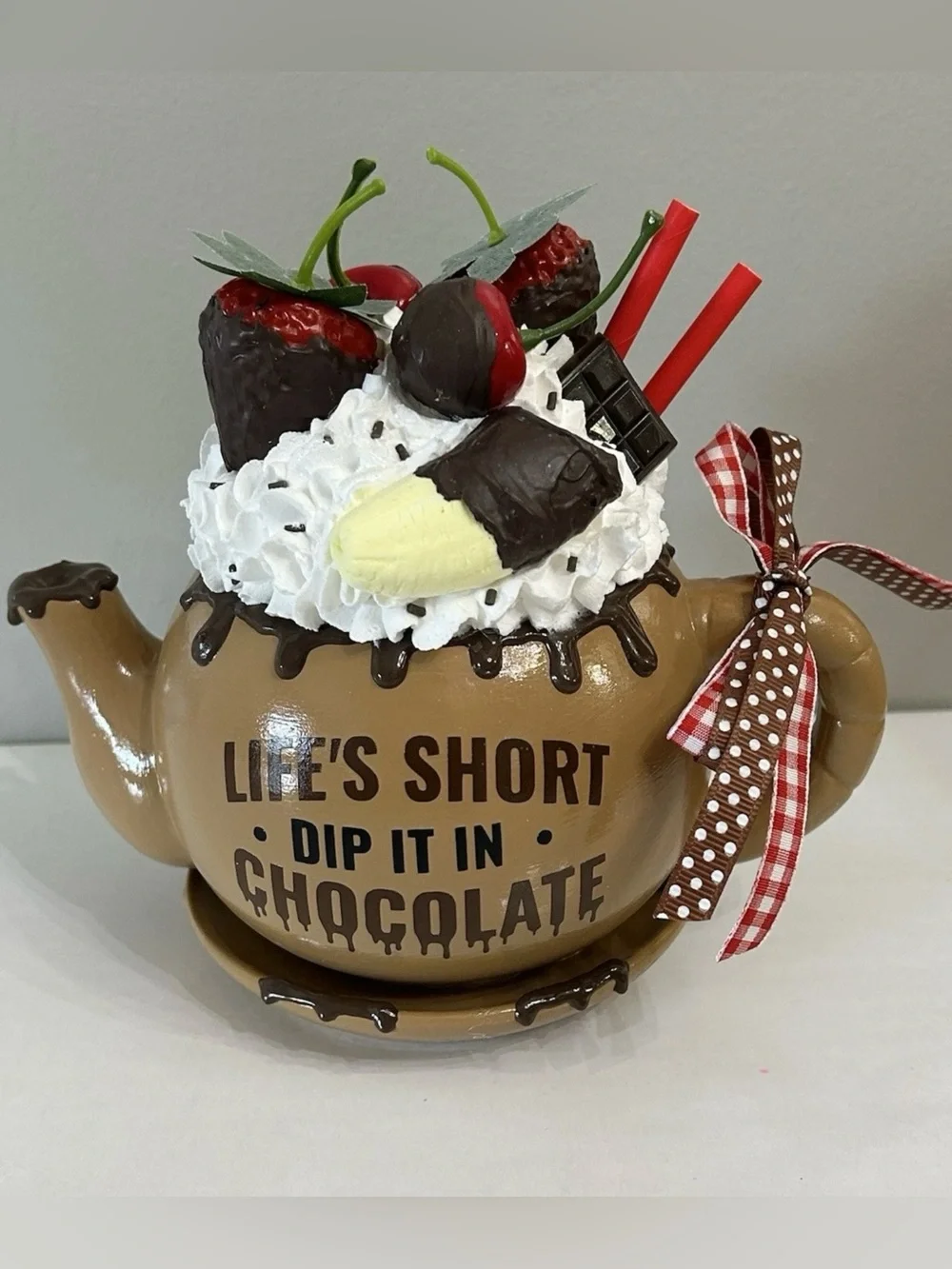 Life's Short Dip It In Chocolate Ceramic Teapot Decor - Handmade Fake dessert